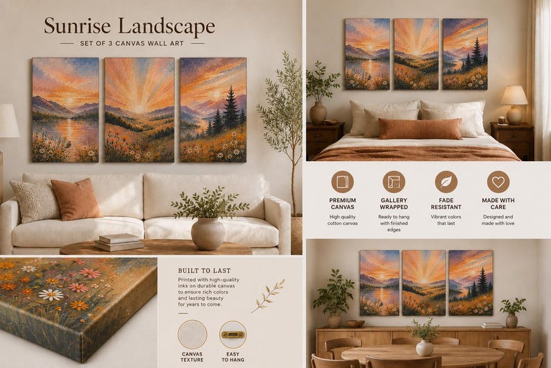 May include: A set of three canvas wall art panels titled Sunrise Landscape, featuring a painted scene of a sunrise over mountains, a lake, and a field of flowers. The set includes details on premium canvas, gallery wrapping, and fade resistance.