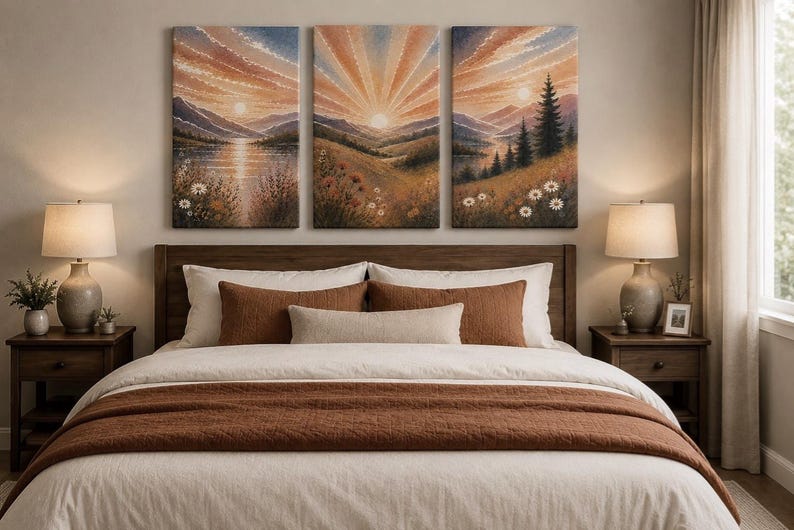 May include: A triptych canvas wall art set depicting a sunrise over a mountain landscape with a lake, pine trees, and white flowers. The scene features warm orange, yellow, and brown tones. The artwork is displayed above a bed with white and brown bedding.