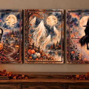 Halloween-triptyk väggkonst set, Halloween-canvas set, häxa spökkatt väggkonst, höstgotisk dekor, läskig tavelvägg, höstheminredning