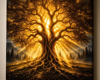 Golden Tree of Life Canvas Art, Majestic Roots, Sunlight Landscape Wall Decor