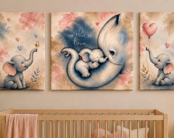 Watercolor Elephant Nursery Art Triptych, Baby Girl Decor, So This Is Love Canvas Set
