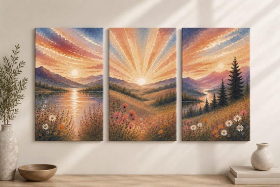 Sunrise Landscape Triptych Canvas Art | Mountain Meadow Watercolor Prints