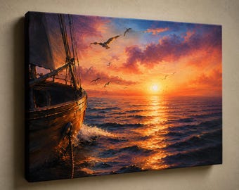 Sunset Sailboat Canvas Print, Coastal Ocean Wall Art, Nautical Seascape Painting