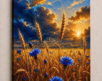 Golden Wheat Field Canvas Print | Blue Cornflower Sunset Landscape Art
