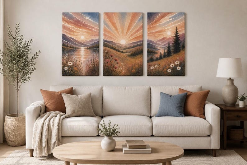 May include: A triptych wall art set featuring a landscape painting of a sunrise over mountains, a lake, and a meadow with wildflowers. The three rectangular canvases display a continuous scene with warm orange, pink, and blue sky tones.