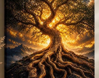Golden Tree of Life Canvas Art, Majestic Roots, Mountain Landscape Wall Decor