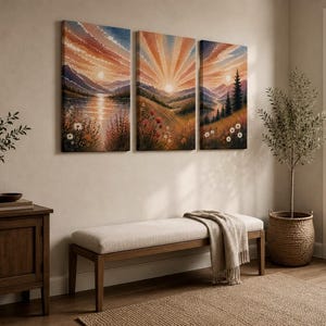 Sunrise Landscape Triptych Canvas Art | Mountain Meadow Watercolor Prints image 7