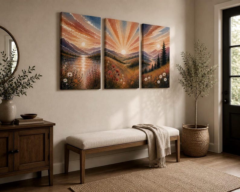 Sunrise Landscape Triptych Canvas Art | Mountain Meadow Watercolor Prints image 7