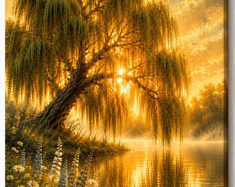 Golden Willow Tree Canvas Print | Sage Green Misty Lake Landscape Artwork