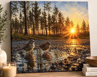 Woodland Sunset Canvas Print, Forest Birds Wildlife Art, Rustic Cabin Decor