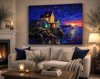 Coastal Canvas Art, Starry Night Lakeside Cottage Print, Vibrant Ocean Landscape Decor