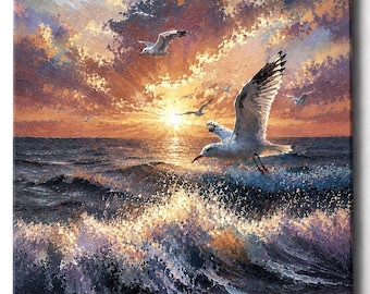 Seagulls Sunset Canvas Print | Vibrant Ocean Seascape Artwork, Beach House Decor