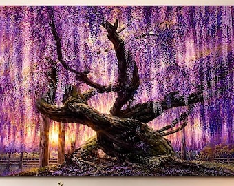 Wisteria Tree Canvas Wall Art | Purple Blossom Tree Painting | Large Nature Canvas Print | Fantasy Woodland Wall Decor