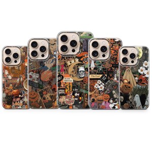 May include: Five clear smartphone cases featuring a collage of Halloween-themed illustrations including pumpkins, ghosts, skeletons, Frankenstein's monster, and text such as October, Fright Night, Trick or Treat, and The Fool printed on the back.