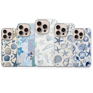 May include: Five smartphone cases arranged in a row, each featuring a distinct blue and white nautical pattern. The designs include illustrations of various seashells, starfish, and coral reefs set against light backgrounds, with one case displaying a patchwork grid of different blue textures and marine motifs.