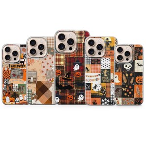 Könnte beinhalten: Fünf transparente Smartphone-Hüllen mit verschiedenen Halloween-Collagen-Designs. Die Muster umfassen orangefarbene und schwarze Karos, Kürbisse, Geister, Hexenhüte, Fledermäuse, Skelette sowie Schriftzüge wie Halloween und Trick or Treat.