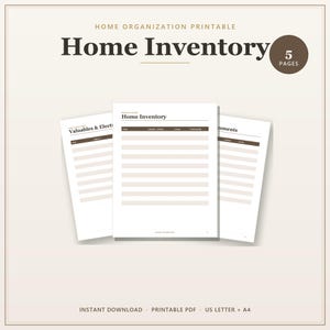 Peut inclure: Un ensemble de cinq pages imprimables pour l'inventaire de la maison au format PDF. Les documents présentent une mise en page épurée avec des en-têtes marron et des lignes pour noter les articles, marques, modèles, valeurs et dates d'achat. Texte : Home Inventory, Valuables & Electronics, Documents.