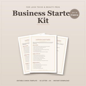 May include: A digital business starter kit template for lash technicians and beauty professionals. The document features a Lash Business Launch Checklist with sections for legal, licensing, training, certification, branding, and marketing.