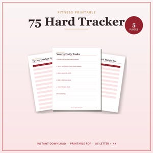 Puede incluir: Un conjunto de documentos imprimibles de fitness titulado 75 Hard Tracker con 5 páginas. Los documentos presentan papel blanco con texto rojo oscuro y líneas horizontales rosa claro. La página central enumera 5 tareas diarias a realizar.