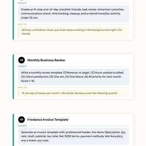 May include: A page from a productivity and systems guide, featuring three prompts: End-of-Day Ritual, Monthly Business Review, and Freelance Invoice Template. Each prompt includes a checklist or template outline, with pro tips for efficiency and organization.
