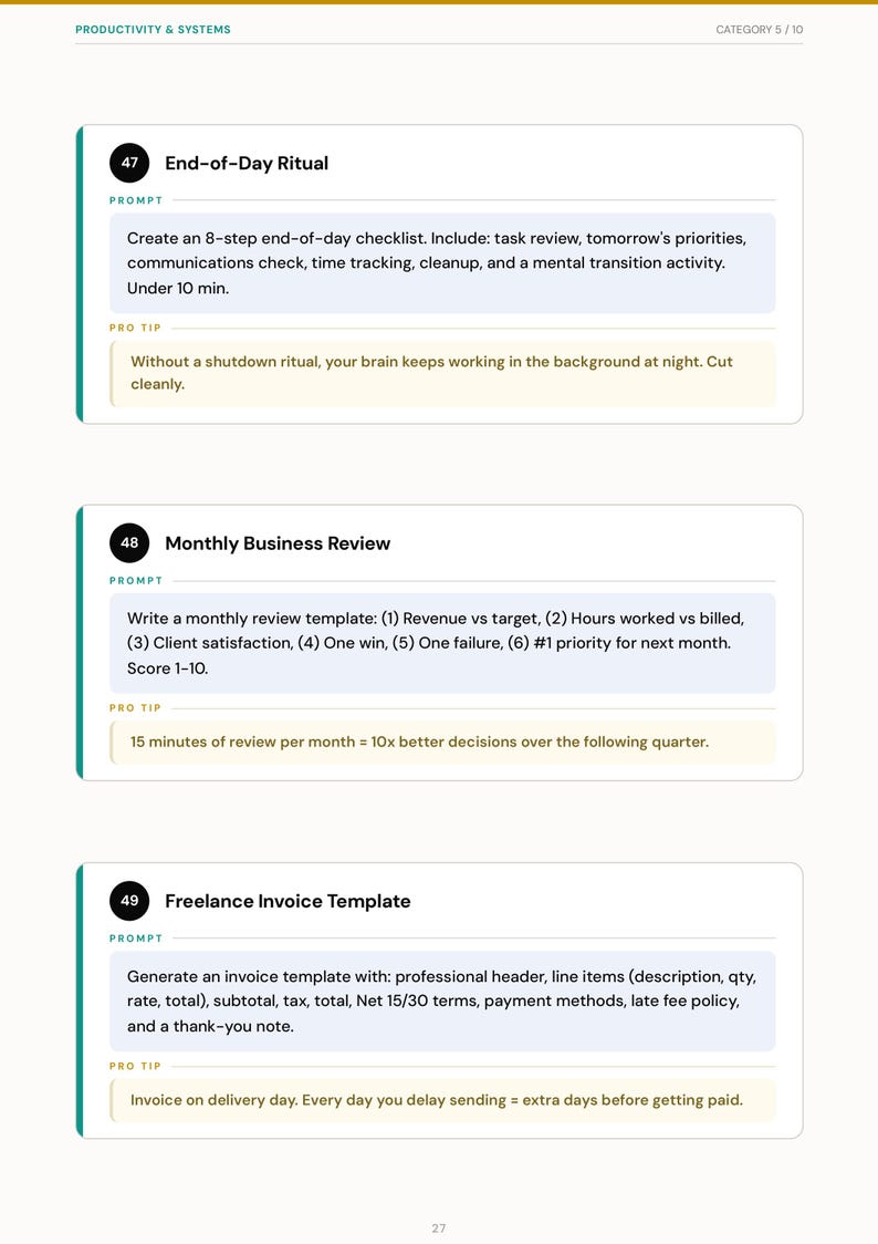 May include: A page from a productivity and systems guide, featuring three prompts: End-of-Day Ritual, Monthly Business Review, and Freelance Invoice Template. Each prompt includes a checklist or template outline, with pro tips for efficiency and organization.