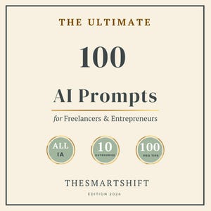 May include: A cream-colored book cover with gold text that reads "THE ULTIMATE 100 AI PROMPTS for Freelancers & Entrepreneurs." Below are three circular icons with text. The bottom reads "THESMARTSHIFT EDITION 2026."