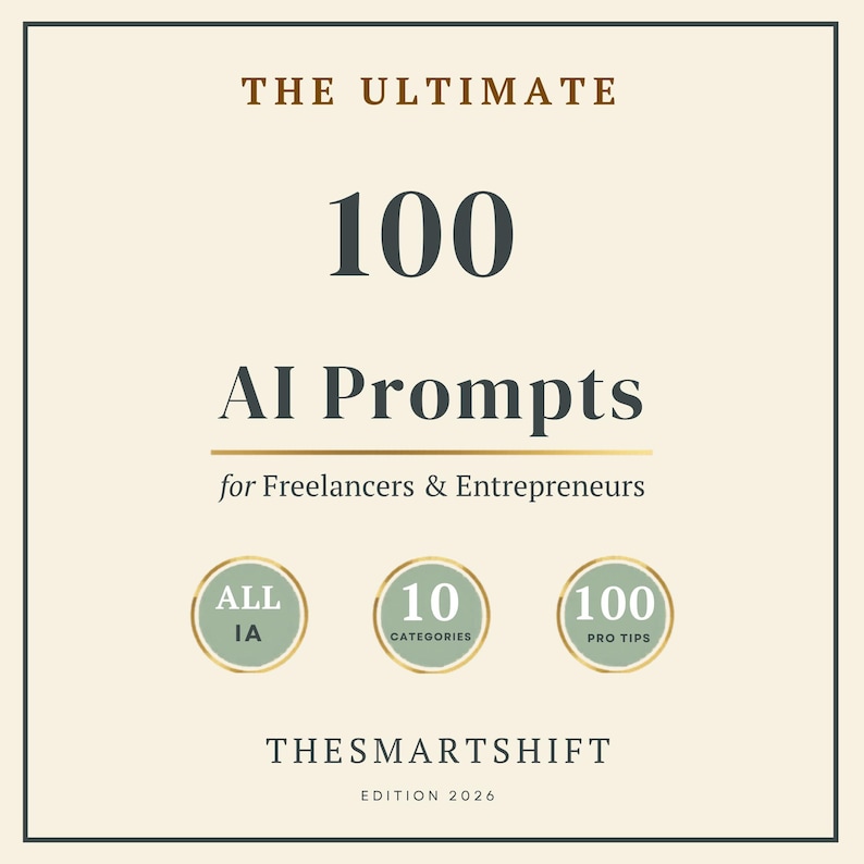 May include: A cream-colored book cover with gold text that reads "THE ULTIMATE 100 AI PROMPTS for Freelancers & Entrepreneurs." Below are three circular icons with text. The bottom reads "THESMARTSHIFT EDITION 2026."