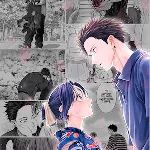 May include: A manga-style illustration depicts several scenes of a couple in various emotional states. The central image shows a woman in a blue floral kimono looking up at a man. Text reads, "I'll support you with everything I have."