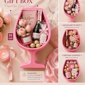 Könnte beinhalten: Eine rosa Weinglas-Geschenkbox, 55 cm hoch, mit dem Text "WINE GLASS GIFT BOX" und "Perfect for Every Occasion." Die Box ist leer, aber Beispiele für die Befüllung sind abgebildet. Ideal für die Gestaltung einzigartiger Geschenke.