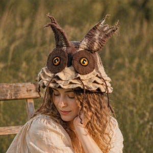 Felted Owl Hat, Woodland Costume Hat, Whimsical Wool Hat, Forest Animal Hat, Handmade Art Gift
