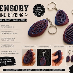 May include: Blue and red sensory stone keyrings with different textured surfaces. The keyrings are designed for touch, fidgeting, focus, and calm. The image text reads "Keep hands busy and minds happy."