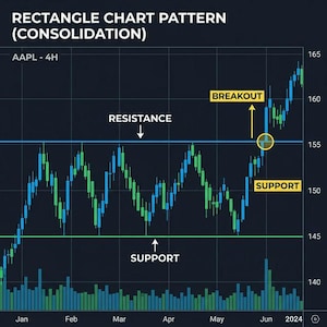 Puede incluir: Un gráfico de acciones que ilustra un patrón de consolidación rectangular. El gráfico muestra las fluctuaciones de precios entre los niveles de soporte y resistencia, con una ruptura indicada por una flecha hacia arriba. El texto incluye "Rectangle Chart Pattern (Consolidation)" y "Support" y "Resistance".