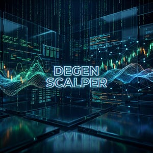May include: A digital artwork with the text "DEGEN SCALPER" in neon blue. The image has a futuristic theme with data visualizations, charts, and a grid-like structure, all in shades of blue and green.