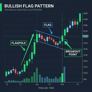 May include: A technical analysis illustration of a bullish flag pattern. The chart shows a green flagpole, a flag formation with red and blue candlesticks, and a breakout point. The text includes "BULLISH FLAG PATTERN" and "TECHNICAL ANALYSIS ILLUSTRATION".