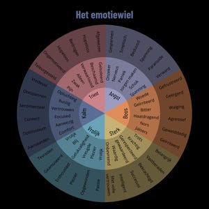 Op de afbeelding: Een cirkelvormig diagram genaamd "Het emotiewiel" (Het Emotiewiel) met secties in het Nederlands. De cirkel is verdeeld in segmenten die verschillende emoties vertegenwoordigen, zoals "Angst" (Angst), "Boos" (Boos) en "Vrolijk" (Vrolijk).