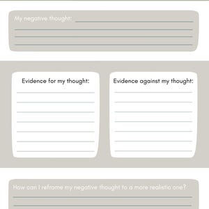 Op de afbeelding: Een lichtgrijs werkblad met de woorden "Negatief" en "Positief" bovenaan, verbonden door een pijl. Het werkblad bevat secties voor negatieve gedachten, bewijs voor en tegen, en het herformuleren ervan.