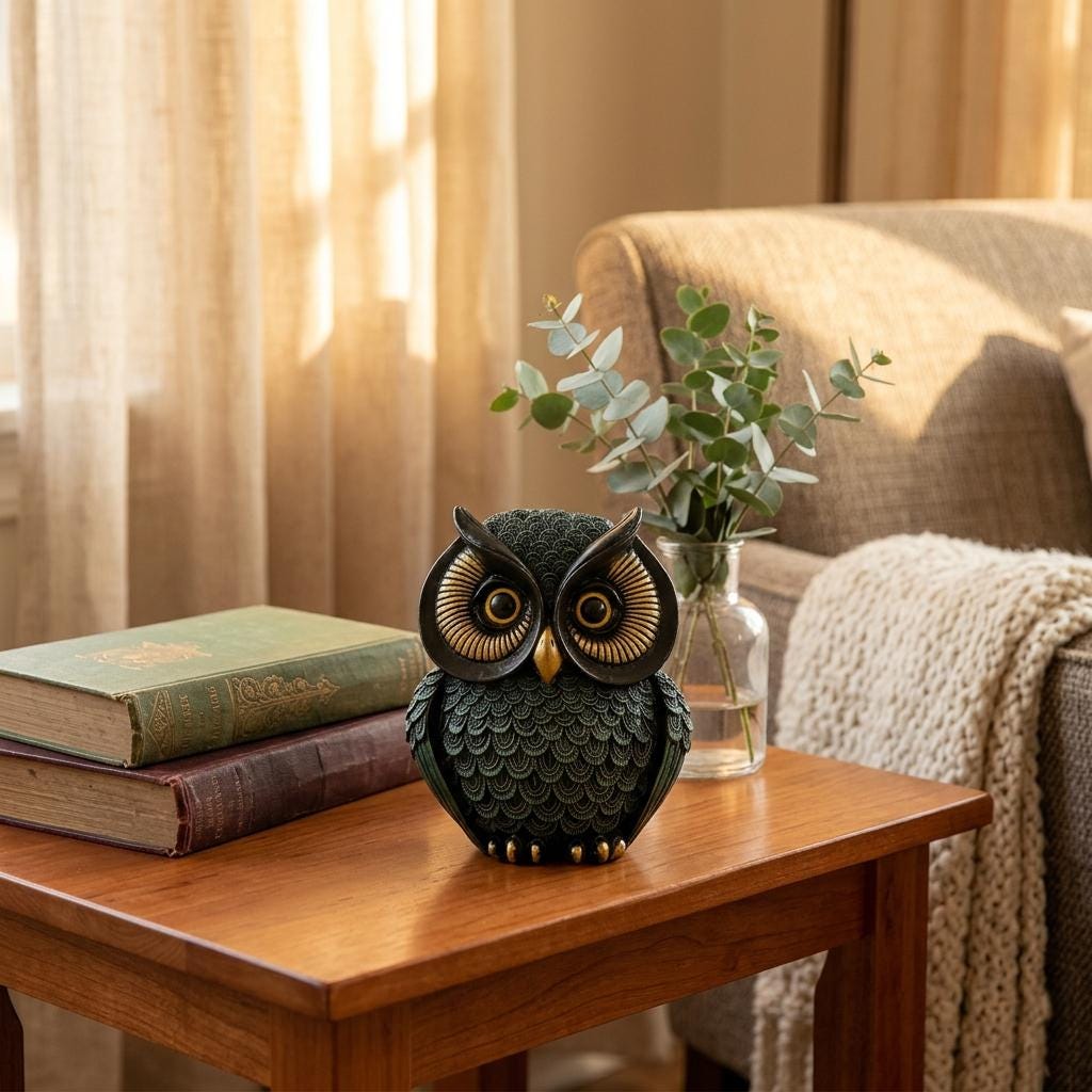 Ornate Resin Owl Figurine with Gold Eyes, Vintage European Style Owl Statue, Dark Home Shelf Decor, 