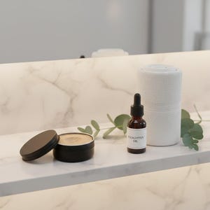 May include: A spa-like scene featuring a rolled white towel, a small brown bottle of eucalyptus oil, and a black container with a lid. Greenery adds a natural touch to the arrangement, set against a marble background.