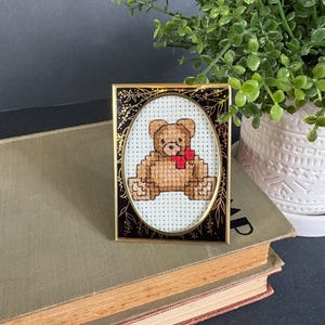Tiny Mini Framed Cross Stitched Teddy Bear Silver Gold Frame Christmas Holiday Celebrate Traditional