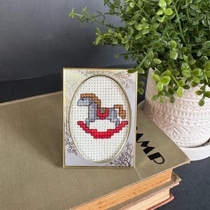 Tiny Mini Framed Cross Stitched Rocking Horse Silver Gold Frame Christmas Holiday Celebrate Traditional