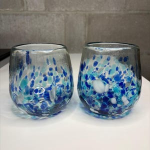 Set Of 2 Blue & White Hand Blown Stemless Wine Glass Hand Blown Thick Durable