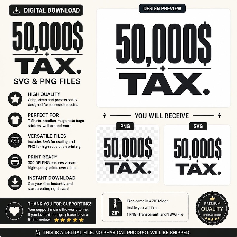 Pu&ograve; includere: Un design grafico in download digitale che presenta il testo nero in grassetto 50,000$ + TAX. Il layout include un'anteprima del design, indicatori di file PNG e SVG separati e un elenco di specifiche tecniche tra cui alta qualit&agrave;, pronto per la stampa e funzioni di download istantaneo con un'icona di cartella ZIP e un badge di qualit&agrave; premium.