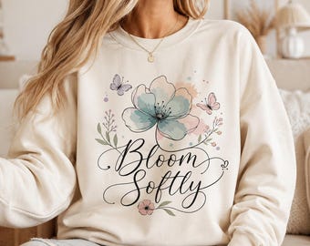 Bloom Softly SVG Bundle, Floral Butterfly Shirt Design, Boho Quote (Digital Download)