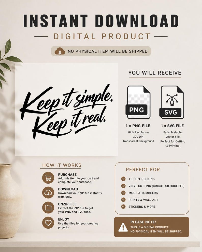 Keep It Simple Real SVG PNG | Minimalist Script T-shirt Design (digital ...