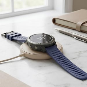 May include: A dark gray smartwatch with a blue band rests on a beige wireless charging pad. The watch displays the time, 10:10, and is next to a pen and a tan leather-bound notebook.