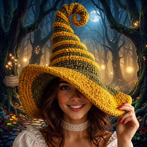 May include: A crocheted witch hat featuring alternating horizontal stripes of mustard yellow and olive green yarn. The hat has a tall, pointed, and curled top section with a wide, flexible brim. A small sign on the left reads Handmade Halloween Witch Hat.