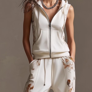 May include: A sleeveless white zip-up hoodie featuring a front kangaroo pocket and side panels with a brown and tan floral pattern, paired with matching white drawstring sweatpants that also include floral patterned side panels.