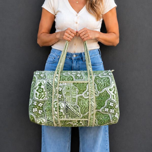 Bolso de viaje acolchado de algodón verde – Bolso de lona con estampado botánico