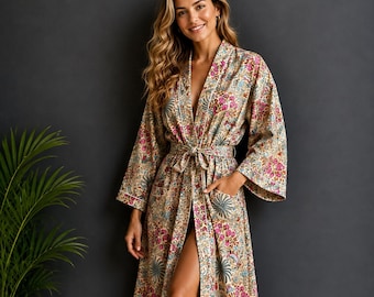Beige Pink Floral Cotton Kimono Robe, Hand Block Print, Lightweight Loungewear, Bridal Robe
