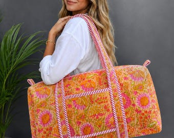 Bolsa de lona acolchada, bolsa de fin de semana de algodón, bolsa de viaje con estampado de bloques, bolsa de fin de semana acolchada, bolsa de noche, bolsa de viaje floral hecha a mano